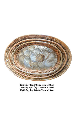 Rattan Dekoratif Oval Hasır El Yapımı Sedef Tepsi 3 lü Set