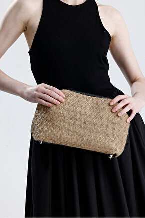 Kadın Heybes Siyah Deri Detaylı Balık Sırtı Örgü Jüt Clutch El Çantası