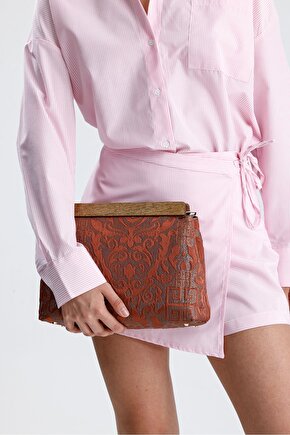 Kadın Turuncu Otantik Desen Clutch Çanta