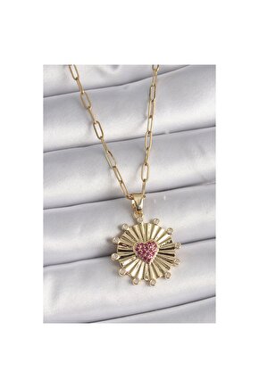 316L Çelik Gold Renk Pembe Zirkon Taşlı Kalp İşleme Madalyon Model Kadın Kolye