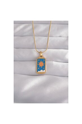 316L Çelik Gold Renk Mavi Mineli Güneş Model Tarot Kolye