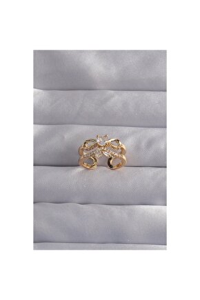 Pirinç Ayarlamalı Gold Renk Zirkon Taşlı 2li Görünüm Fiyonk Yüzük