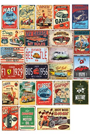 Klasik Arabalar Retro Vintage Klasik Araba Kolaj Seti - 24 Adet - Kuşe Kağıt Kaplamalı Poster Seti