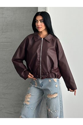 Kadın Oversize Bomber Suni Deri Ceket | Yeni Sezon Kemerli Biker Ceket