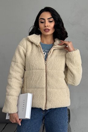 Peluş Kabartma Teddy Kadın Şişme Mont