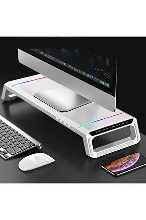 Laptop Sehpası RGB Işıklı Mönitör Standı Ekran Altlığı 4 Usb Hub Telefon Tutuculu BEYAZ