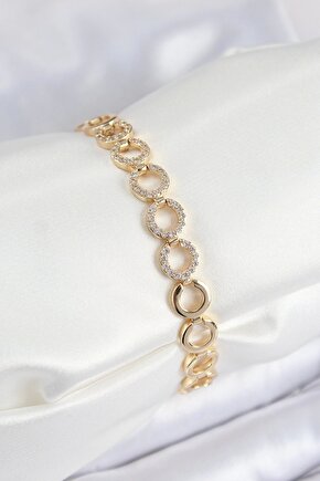 Pirinç Zirkon Taşlı Sıralı Halka Model Gold Renk Kadın Bileklik