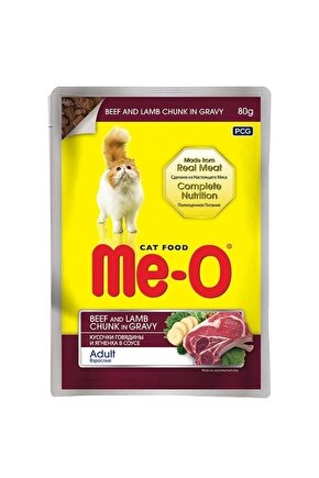 Meo Adult Parça Etli Soslu Dana ve Kuzu Etli Yetişkin Konserve Kedi Maması 80 Gr