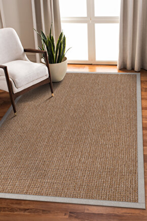0465-Krem Kumaş Bordür Sisal Halı Kilim Hav Toz Vermez Kolay Temizlenen Hasır Kilim