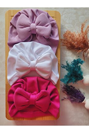 Kız Bebek & Çocuk Renkli Fiyonk Bone 3lü Set