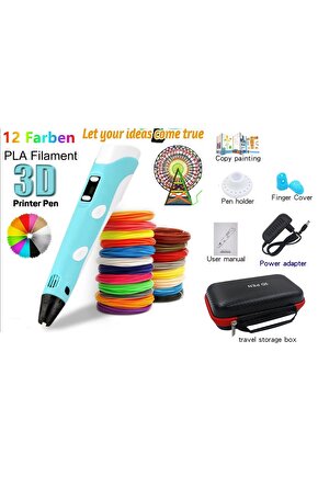 3D PEN KALEM YAZICI ÇANTALI MODEL 12X3 METRE FLAMENT ADAPTÖRLÜ LED EKRANLI 3 BOYUTLU KALEM PRİNTER