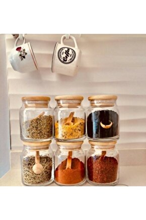 Ahşap Kapaklı 300 ml 6 Adet Kavanoz Vakumlu Kapak Çok Amaçlı Kavanoz