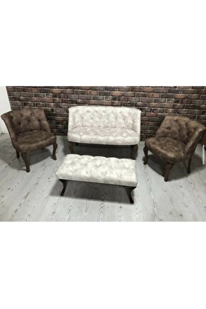 Kahverengi Ve Krem Çay Seti Berjer Koltuk Takımı 2+1+1 Koltuk Bench Bank
