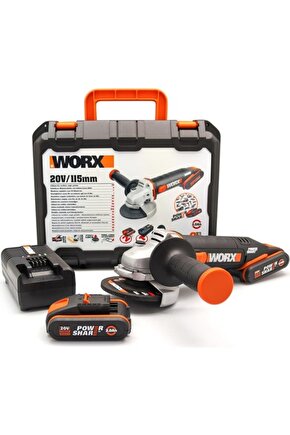 WX800 20Volt 2.0 Ah. Li-ion Çift Akülü 115mm Profesyonel Şarjlı Avuç Taşlama