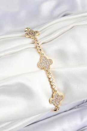 Pirinç Zirkon Taşlı Yonca Model Gold Renk Kadın Bileklik