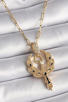 Çelik Gold Renk Zirkon Taşlı Anka Kuşu Model Kadın Kolye