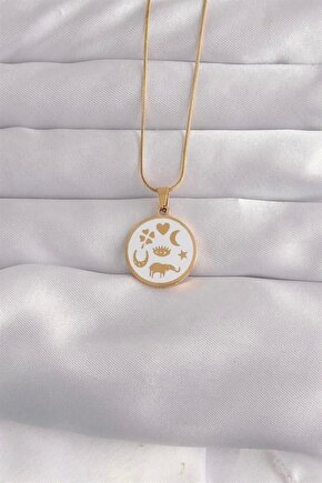 316L Çelik Gold Renk Beyaz Mineli Karışık Figürlü Tarot Kolye