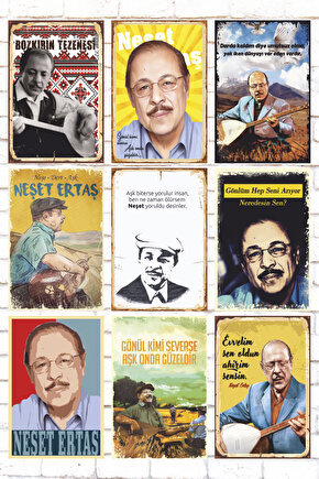9 Parça Karışık Ahşap Tablo Seti neşet ertaş halk türküleri şarkıları retro ahşap poster seti
