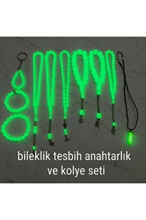 Fosforlu Kedigözü 10Lu Set-Tesbih Kolye Bileklik Anahtarlık Seti-Karanlıkta Parlar-Hediye Aksesuar