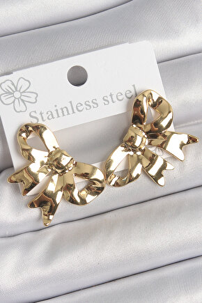316 Çelik Gold Renk Kurdele Plaka Model Kadın Küpe - Tj-Bkp10531