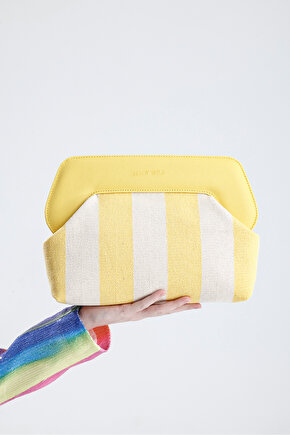 Heybes Kadın Sarı Çizgi Desenli Kanvas Clutch El Çantası