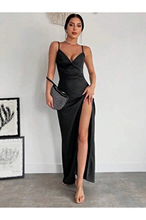 Myterrax Kadın Askılı Kruvaze Yakalı Yırtmaçlı Krep Elbise