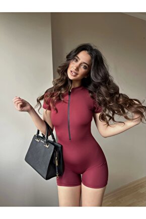 Bordo Fermuarlı Şort Tulum
