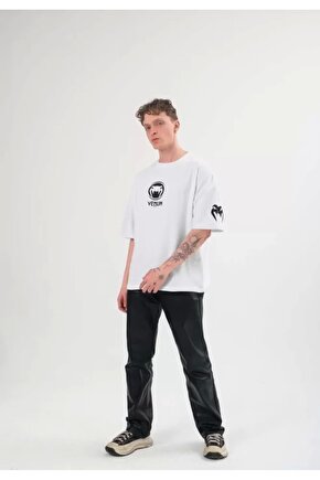 Unisex Bisiklet Yaka Baskılı Oversize T-Shirt - Beyaz