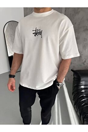 Unisex Bisiklet Yaka Baskılı Oversize T-Shirt - Beyaz