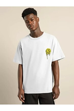 Unisex Bisiklet Yaka Baskılı Oversize T-Shirt - Beyaz