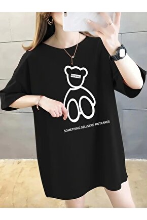 Baskılı Oversize Bisiklet Yaka T-shirt - Siyah