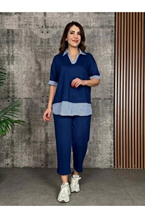 Kadın Modal Kumaş çizgili Gömlek Yaka Ikili Takım