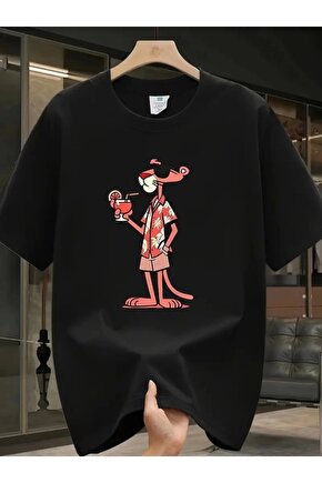 Baskılı Oversize Bisiklet Yaka T-shirt - Siyah