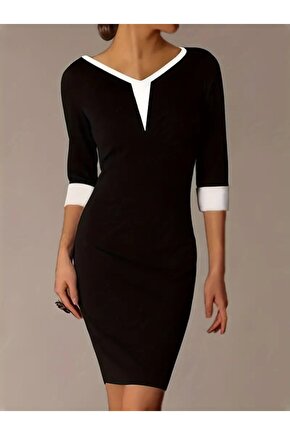 Kadın Fakir Kol V Yakalı Blok Renkli Kısa Janjan Krep Elbise
