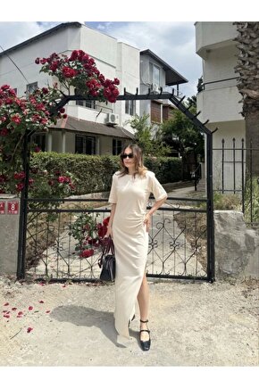 Moda Shop & Butik Kısa Kollu Uzun Yandan Yırtmaçlı Elbise - Beyaz