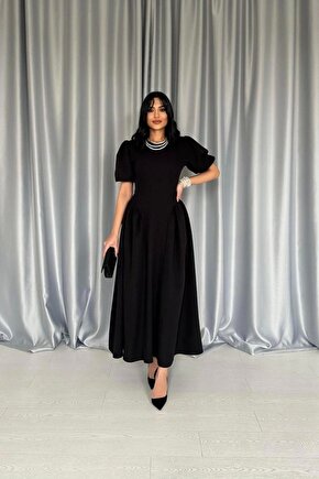 Myterrax Siyah Etek Yanları Büzgülü Balon Kollu Elbise