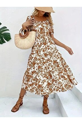 Kadın Kısa Kollu Kare Yakalı Lastikli Desenli Süprem Elbise