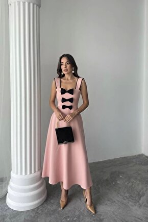 Pudra Fiyonk Garnili Dantelli Elbise