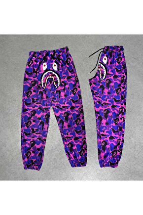 İki Iplik Mevsimlik Bape Nakişli Eşofman Pantolon - Mor