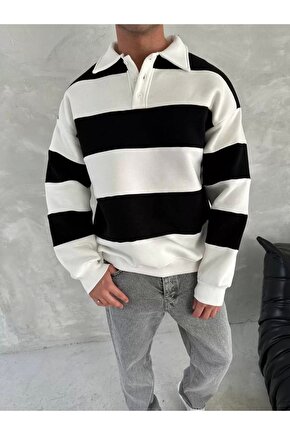 Unisex Üç İplik Parçalı Yakalı SweatShirt - Siyah