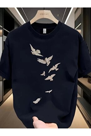 201 Penye Compack Özgür kuşlar Baskılı Baskılı Oversize Bisiklet Yaka T-shirt - Beyaz