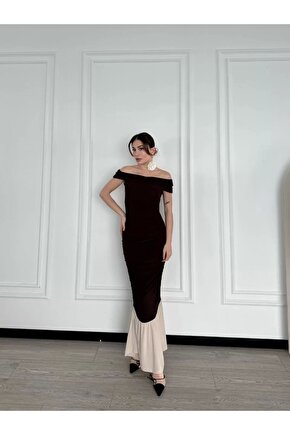 Striptiz Omuzlu Uzun Elbise- Kahve