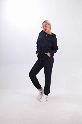 Modavera Iki Iplik Kapüşonlu Fermuarlı Crop Oversize Hırka Takım- Lacivert