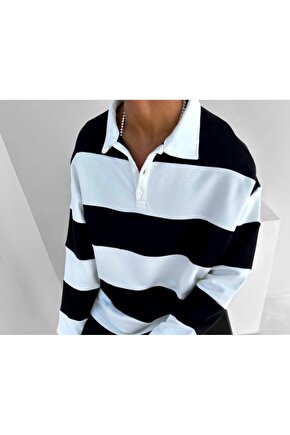 Unisex Üç İplik Parçalı Yakalı SweatShirt - Siyah