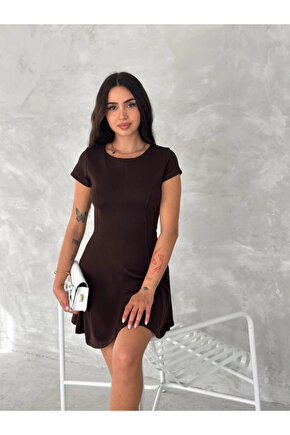 kısa kollu Mini Elbise - Kahverengi