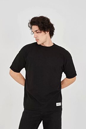 Unisex Jakar Kumaş Rahat Kol T-shirt - Siyah