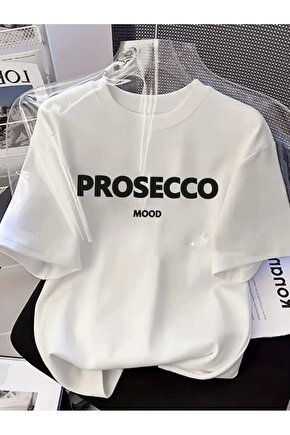 201 Penye Compack Baskılı Oversize Kısa Kol Bisiklet Yaka T-shirt - Beyaz