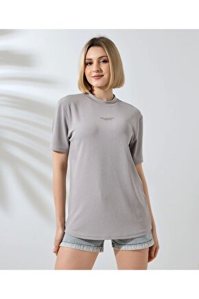 Unisex Bisiklet Yaka Baskılı Slim Fit T-Shirt - Boyalı Gri