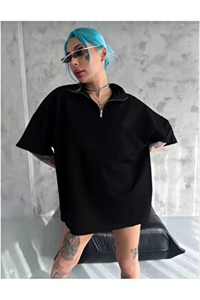 Moda Shop & Butik Unisex Yarım Fermuarlı Düz Oversize T-shirt - Siyah