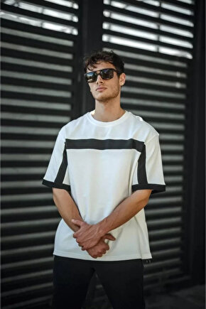 Moda Shop & Butik Unisex Yandan Fermuarlı Parçalı T-shirt - Beyaz